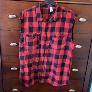 Sleeveless red flannel shirt